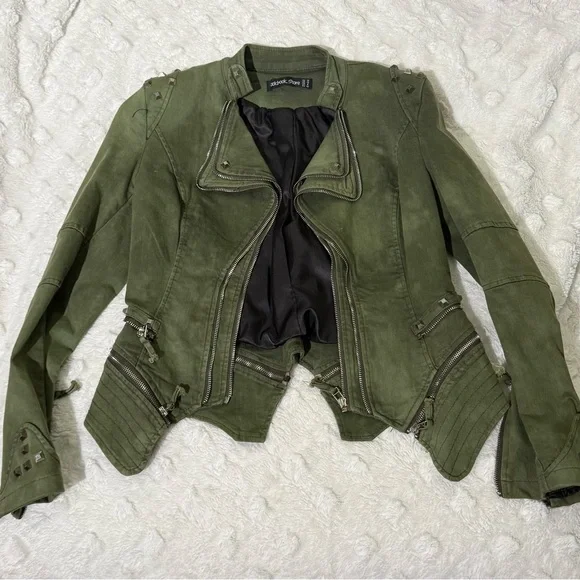 Olive camo green military studded multi zip jacket - Picture 2 of 11